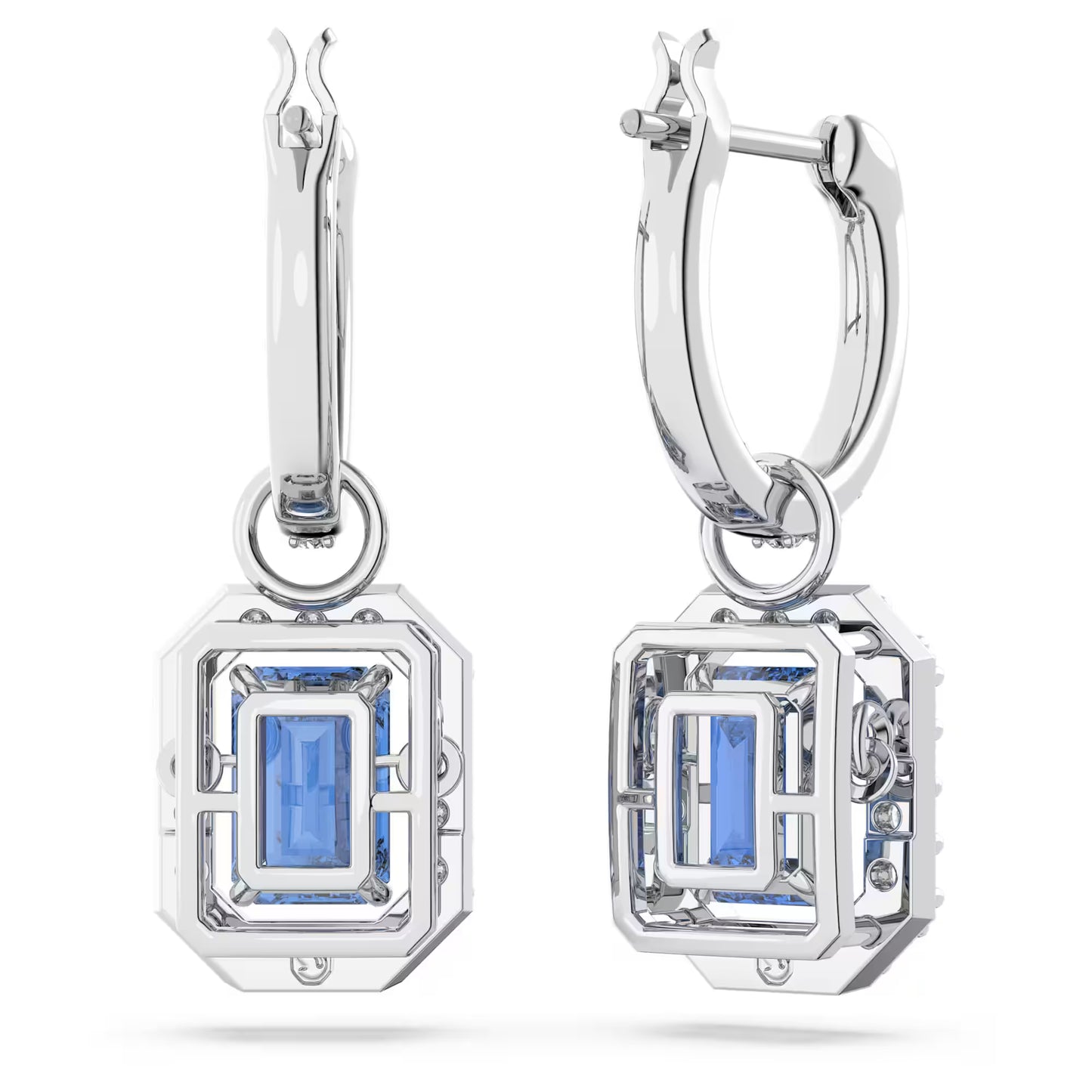 Una drop earrings, Octagon cut, Blue, Rhodium plated