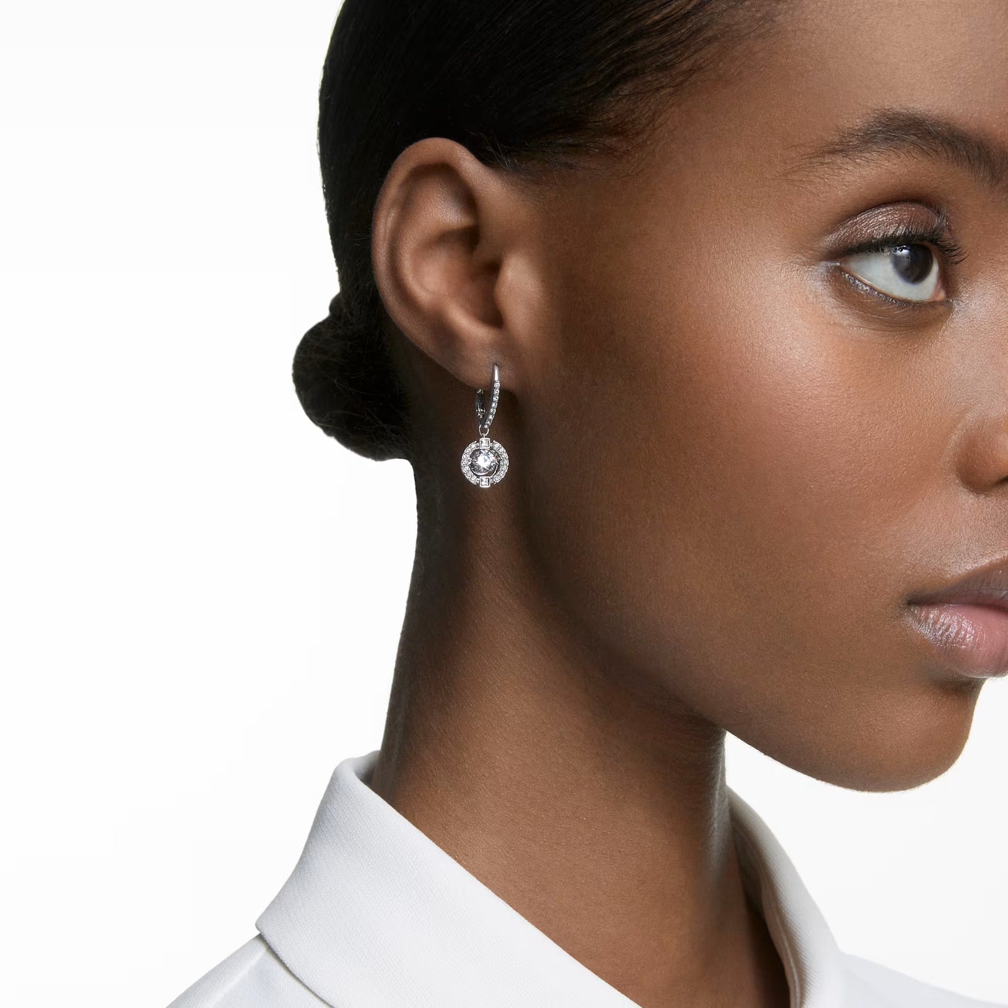 Una drop earrings, Round cut, White, Rhodium plated
