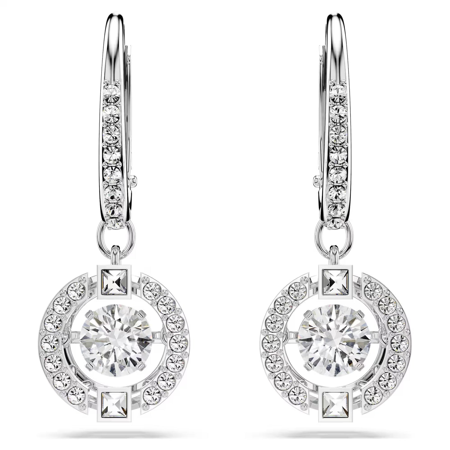 Una drop earrings, Round cut, White, Rhodium plated