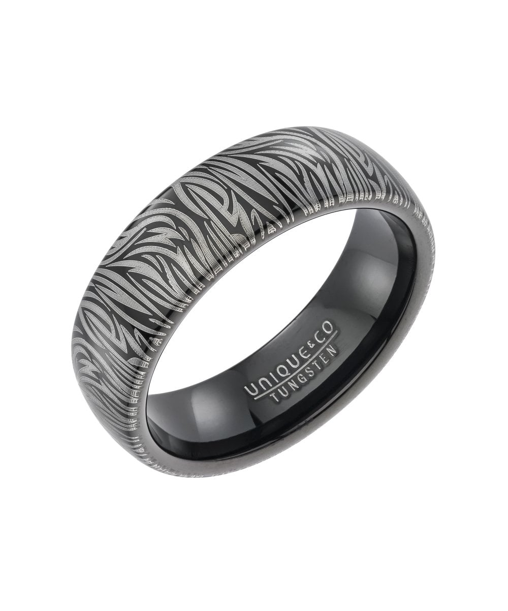 Tungsten 7mm Black Fancy Patterned Ring - Size 60