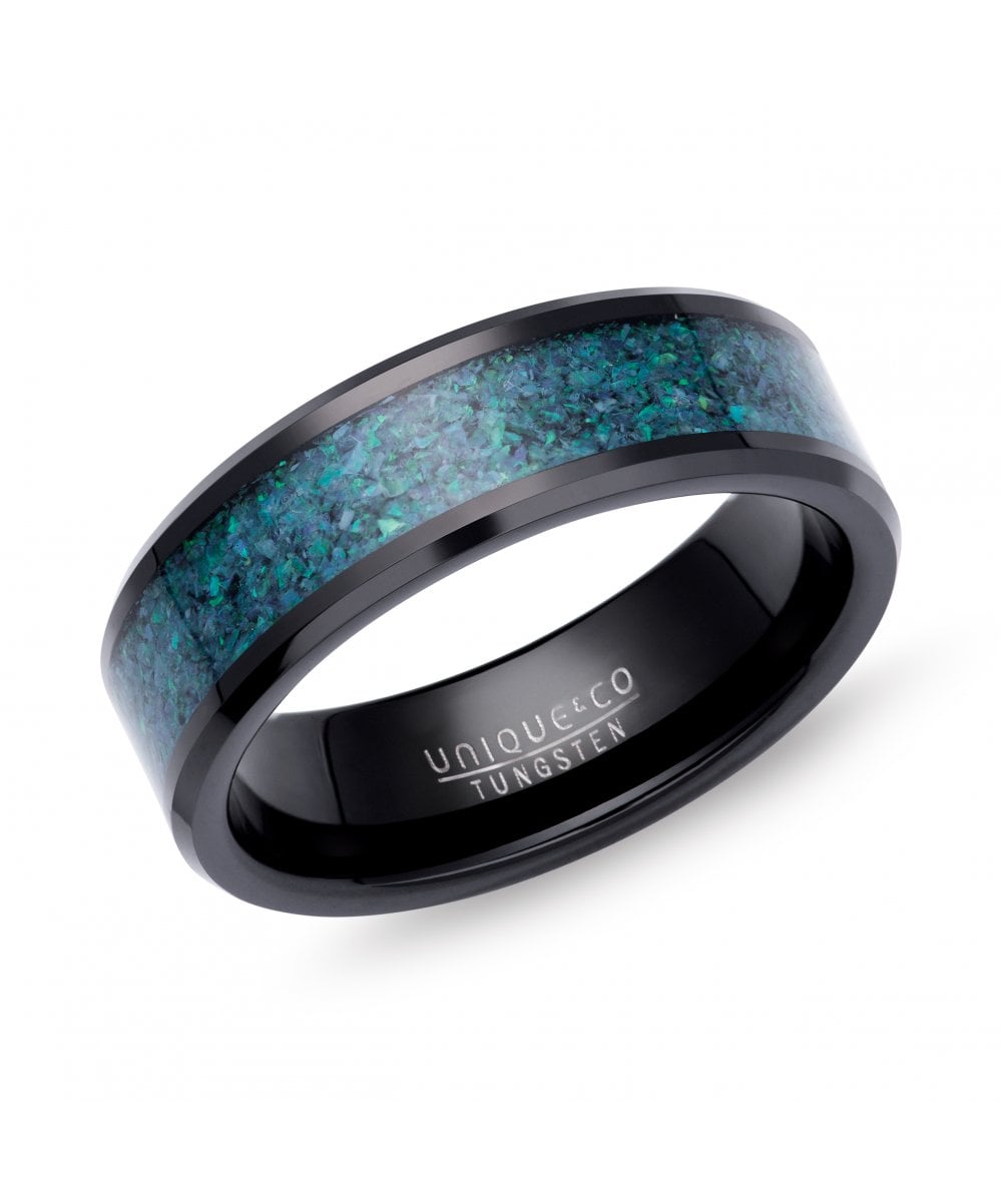 Tungsten 7mm Black Ring With Blue Opal Replica Inlay - Size 66