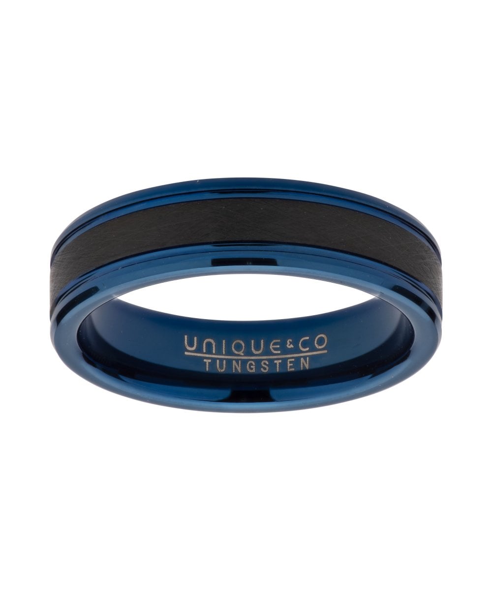 Tungsten Carbide Ring with Blue and Black IP Plating - Size 62