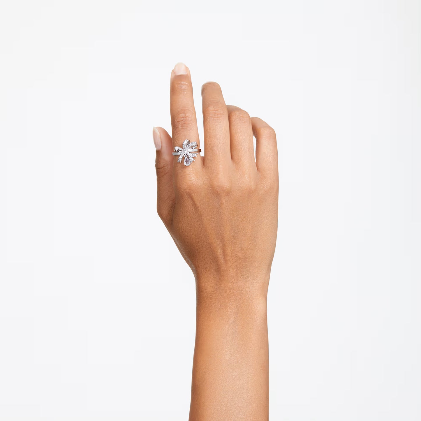 Volta cocktail ring, Bow, White, Rhodium plated