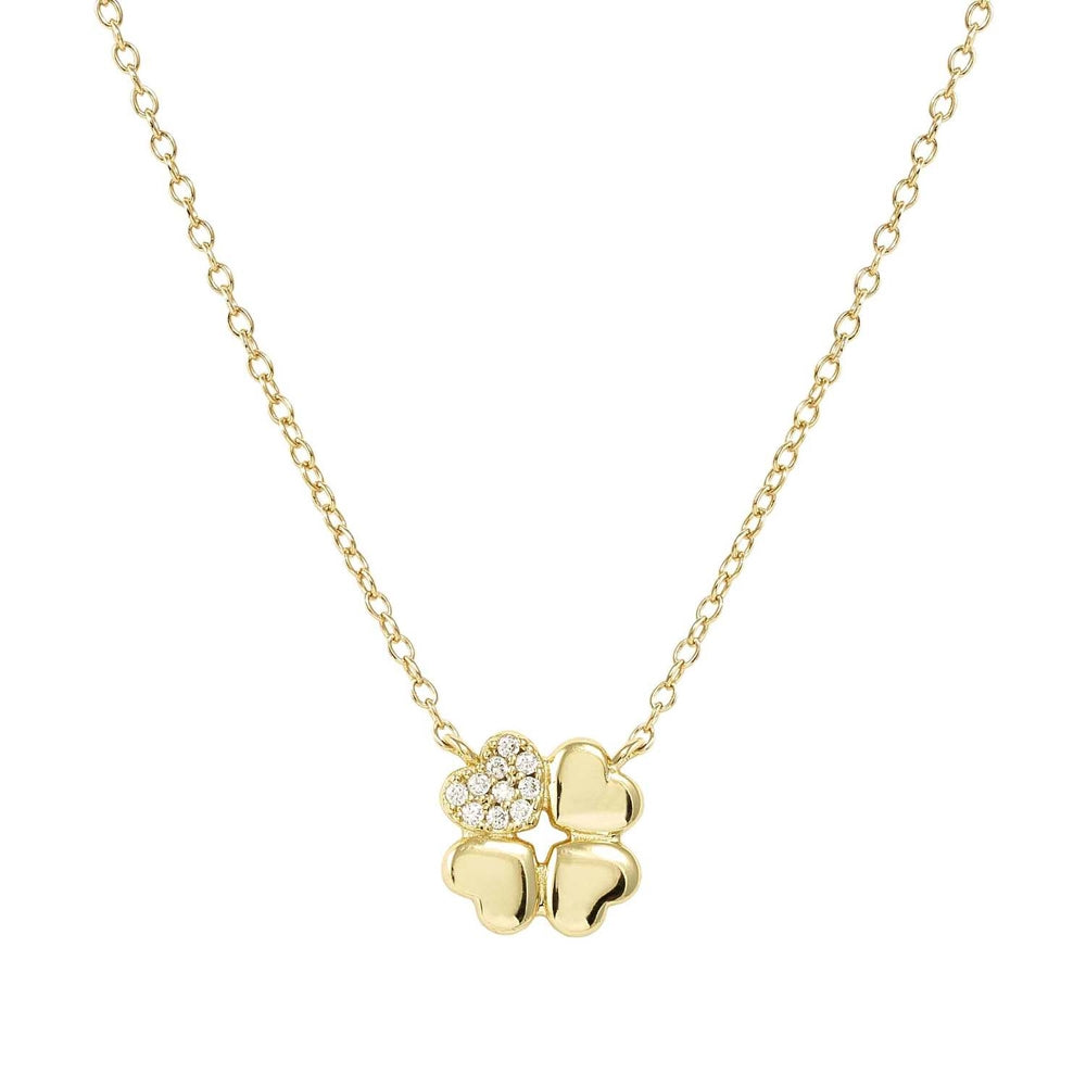 Petit Sparkle Necklace in 925 Sterling Silver and Cubic Zirconia Gold Four Leaf Clover