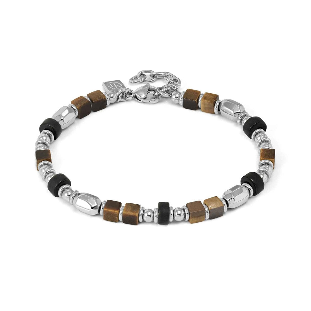 Infinity Bracelet with Steel Nuggets and Natural Stones (Large) Tiger Eye and Black Agate