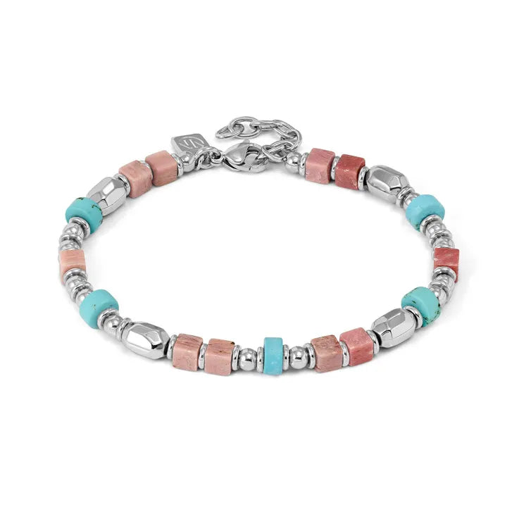 Infinity Bracelet with Steel Nuggets and Natural Stones (Large) Turquoise and Pink Jade