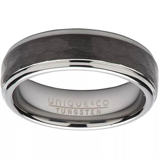 Gents Tungsten Black IP Plated Hammered 7mm Ring Size 62