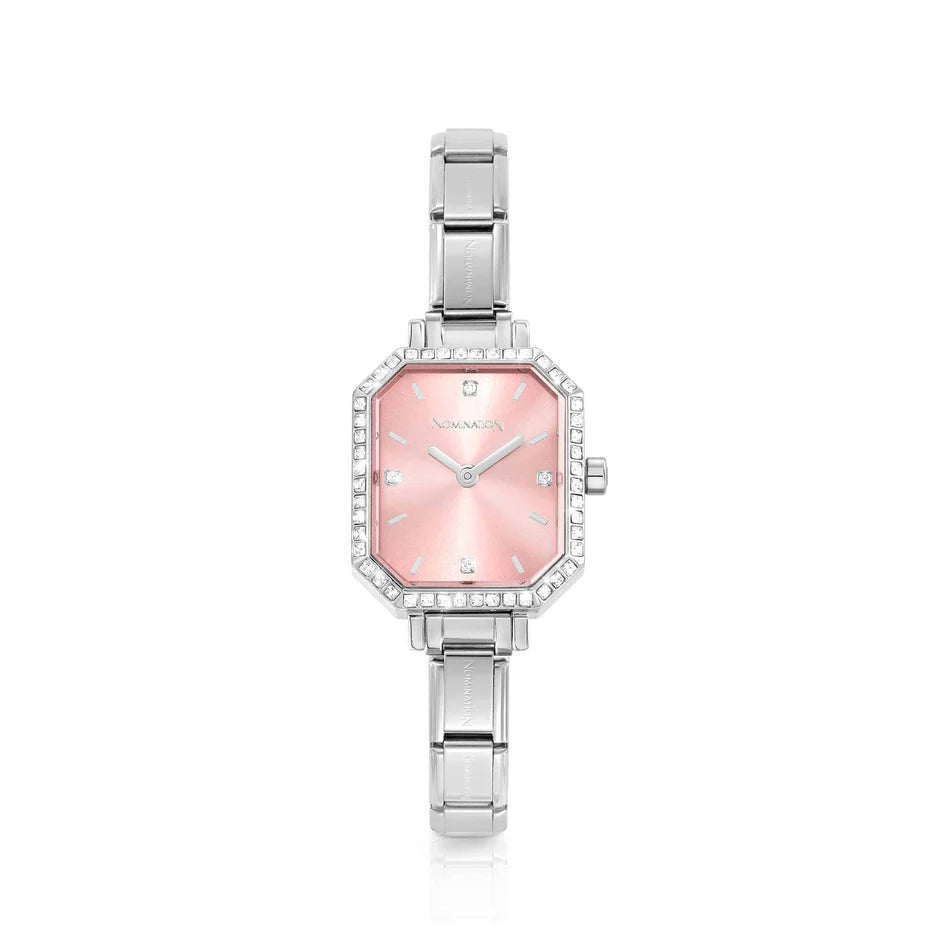 Paris Classic Rectangular CZ Pink Steel Strap Watch