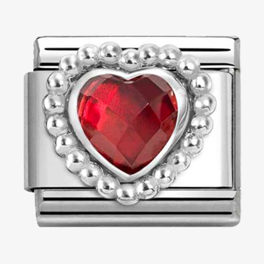 Classic Silver Beaded Faceted Red Heart Charm