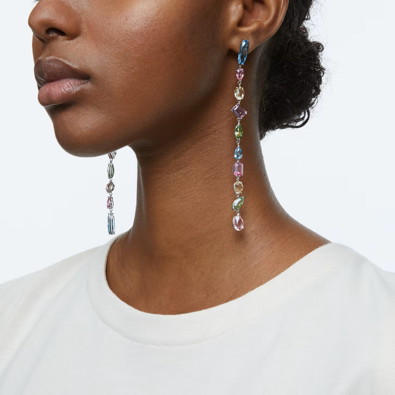 Gema Drop Earrings Asymmetrical, Extra Long, Multicolored, Rhodium Plated