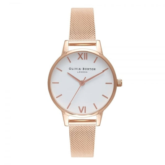 White Dial Rose Gold Mesh Watch