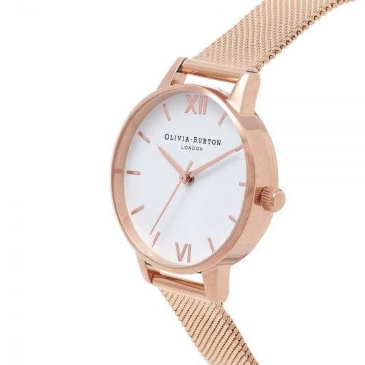 White Dial Rose Gold Mesh Watch