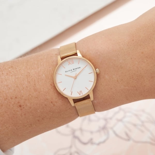 White Dial Rose Gold Mesh Watch