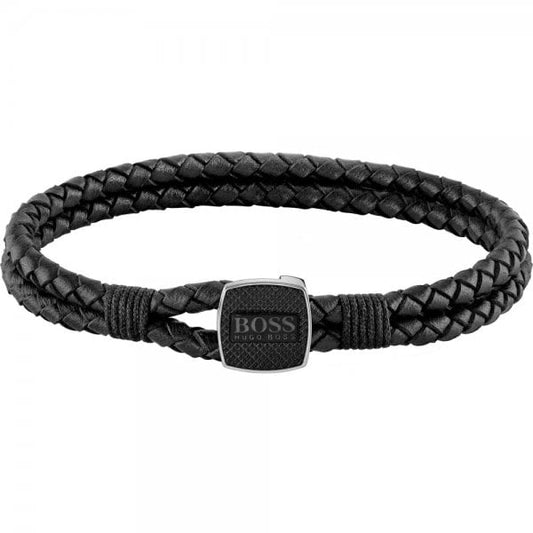 BOSS Men's Seal Black Braided Leather Bracelet