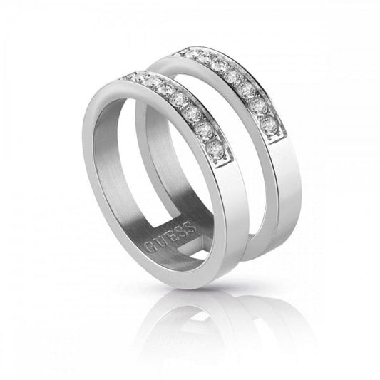 Guess Silver Guess Ring With 2 Crystal Rows - SIZE 56