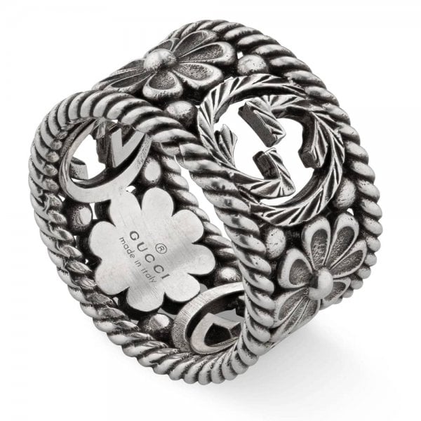 Interlocking G Wide Silver Flower Ring