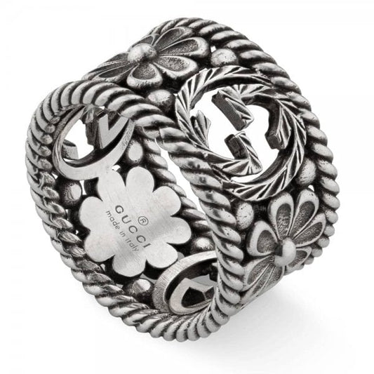 Interlocking G Wide Silver Flower Ring