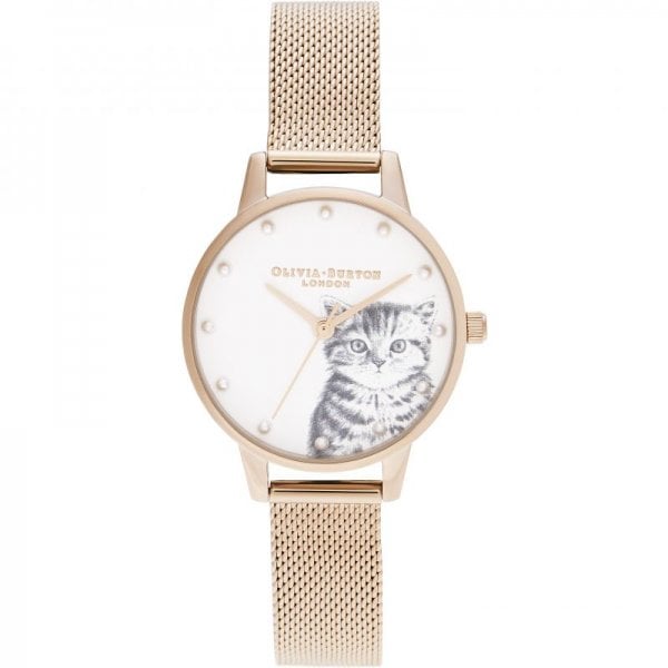ILLUSTRATED ANIMALS PEARLY KITTEN ROSE GOLD MESH W