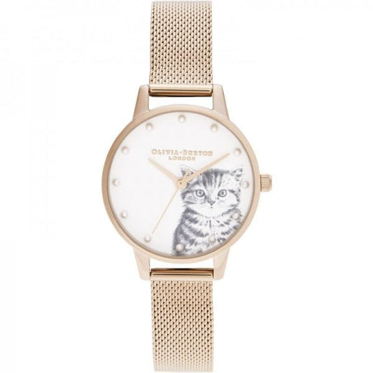 ILLUSTRATED ANIMALS PEARLY KITTEN ROSE GOLD MESH W