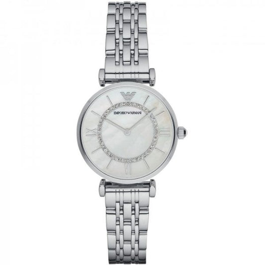 EMPORIO ARMANI LADIES SILVER STAINLESS STEEL CRYSTAL WATCH AR1908