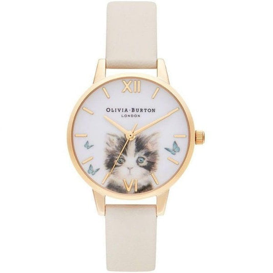 OB Illustrated Animals Cat Nude & Gold Watch