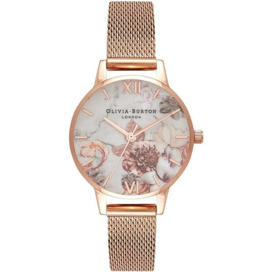 OB Marble Florals Rose Gold Mesh Watch