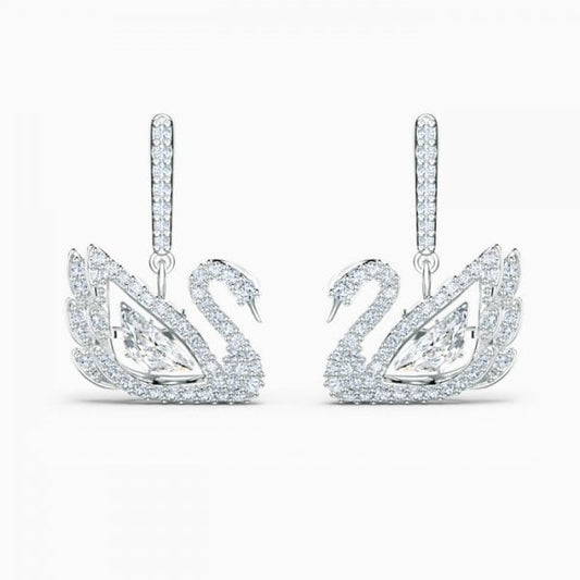 DANCING SWAN PIERCED EARRINGS, WHITE, RHODIUM