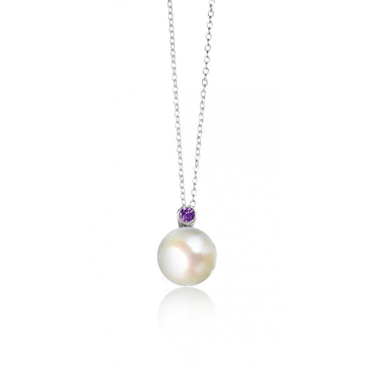White Pearl Stud & Gemstone Pendant 18k White Gold