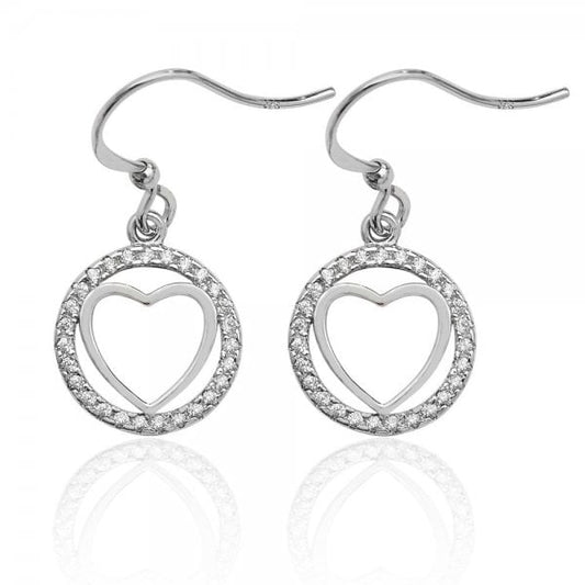 Silver Plain Heart Round Halo Style Earrings