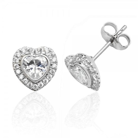 Silver Bezel Set Halo Style Heart Earrings
