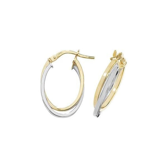 9ct Yellow/White Gold Oval Double Hoop Earrings