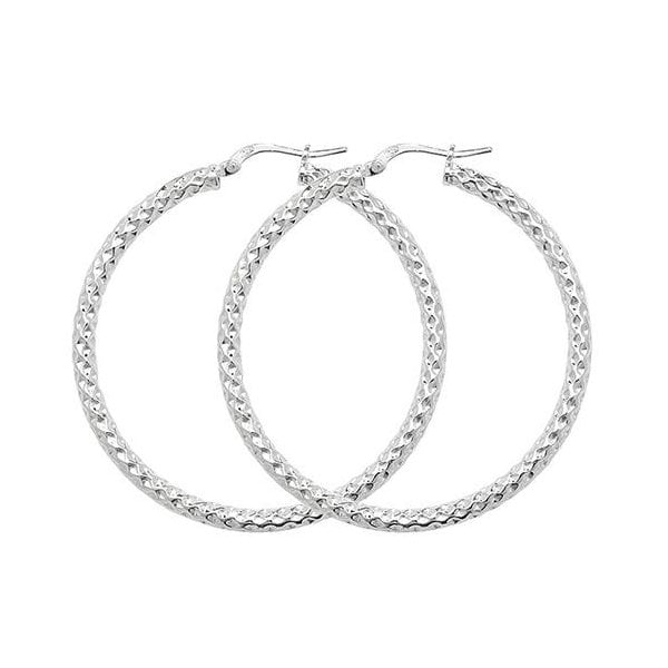 Silver 40mm Diamond Cut Hoop Earrings