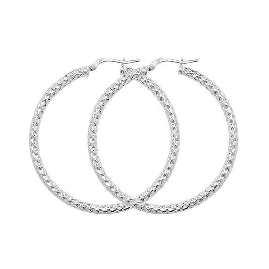 Silver 40mm Diamond Cut Hoop Earrings