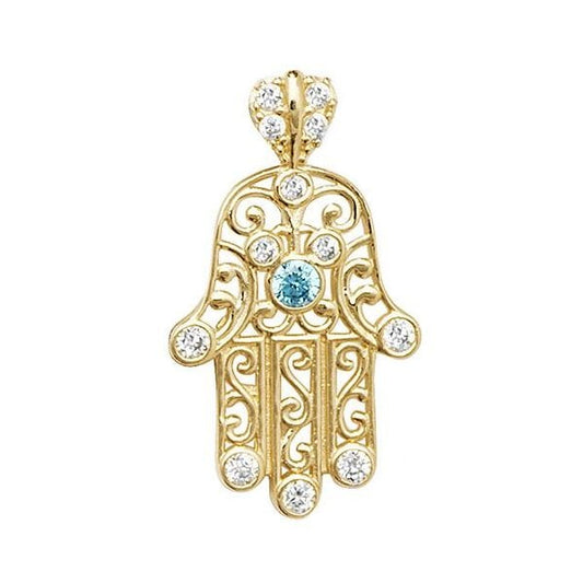 9ct Yellow Gold Hamsa Blue CZ Pendant