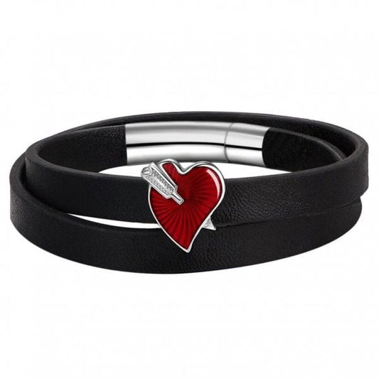 Enamel Faux Leather Bracelet with Red Heart