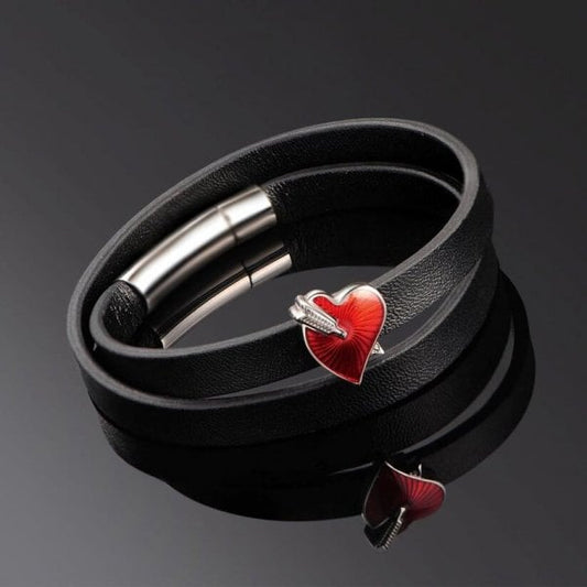 Enamel Faux Leather Bracelet with Red Heart