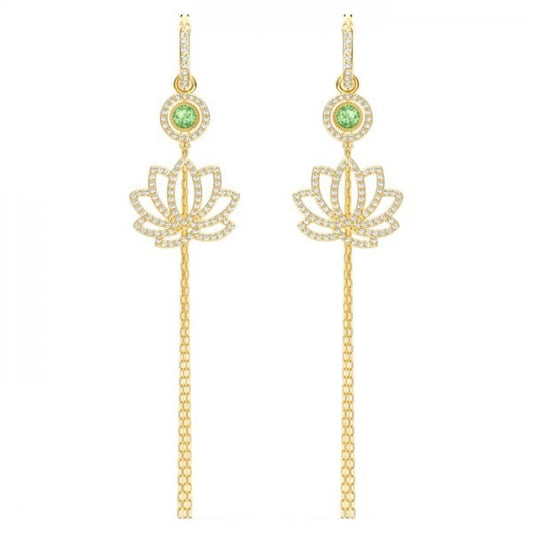 Symbolic Lotus Pierced Earrings, Green, Gold-tone