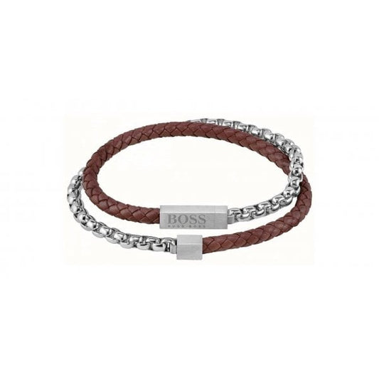 Men's Brown Leather And Steel Chain Bracelet