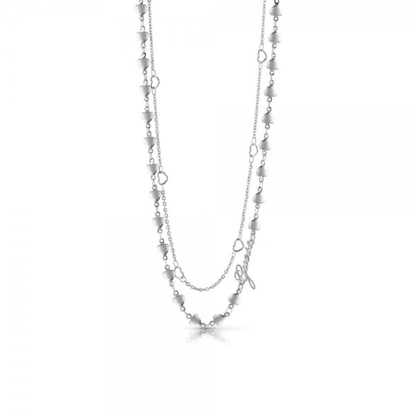 Rhodium Plated Double Chain Multi Heart Necklace