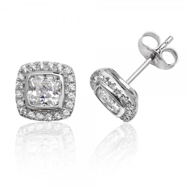Halo Style Cushion Cubic Zirconia Stud Earrings