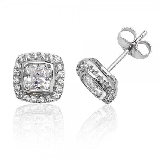 Halo Style Cushion Cubic Zirconia Stud Earrings