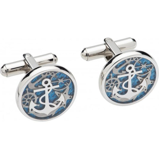 Stainless Steel Anchor Cufflinks with Blue Enamel