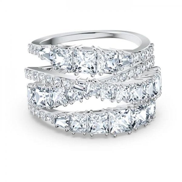Twist Wrap Ring, White, Rhodium plated, SIZE 60