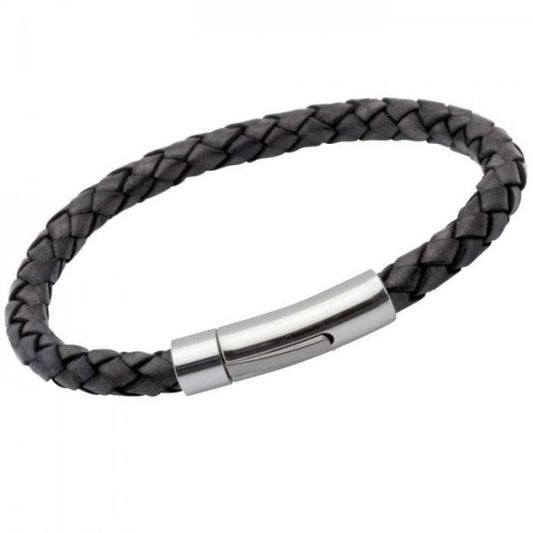 Stainless Steel 21cm Black Leather Bracelet