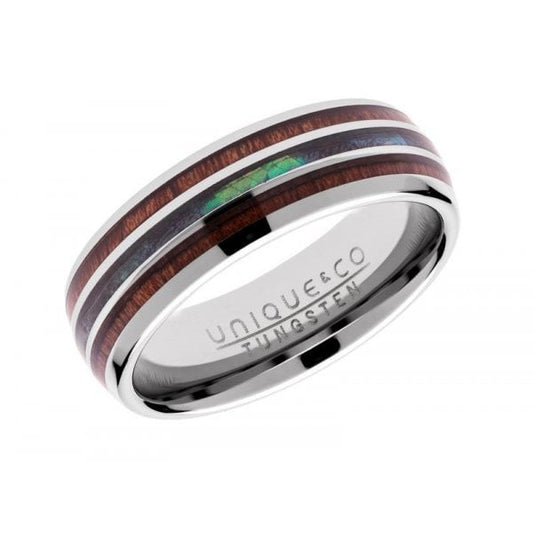Tungsten Ring w/ Wood and Abalone Shell Inlay S62