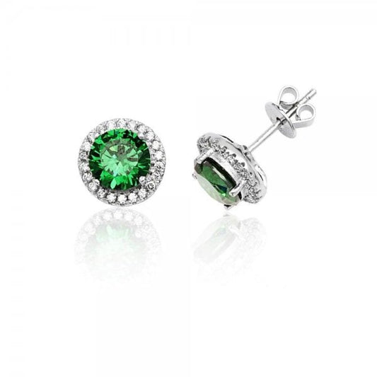 Halo Style Round Green Cubic Zirc Stud Earrings