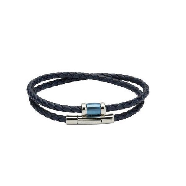 Blue Leather Bracelet - Steel and Blue IP Plating