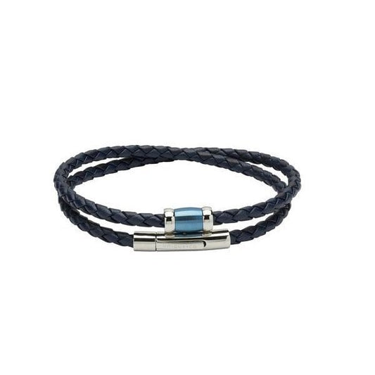 Blue Leather Bracelet - Steel and Blue IP Plating