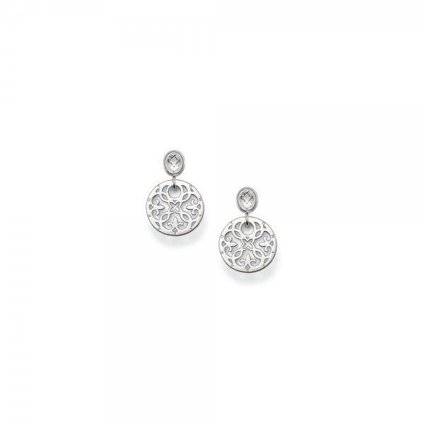 Silver Arabesque Disc Drop Earrings
