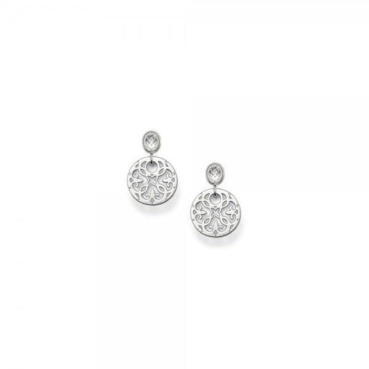 Silver Arabesque Disc Drop Earrings
